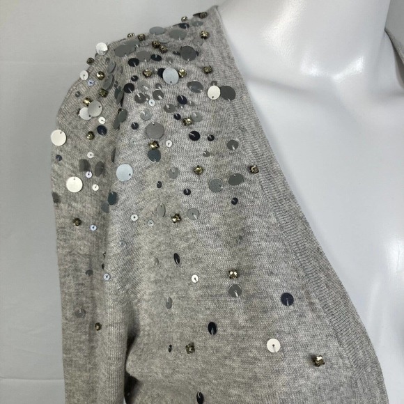 Ann‎ Taylor LOFT Cardigan Womens LP Petite Gray Cotton Wool Sequin V-Neck - Picture 3 of 11